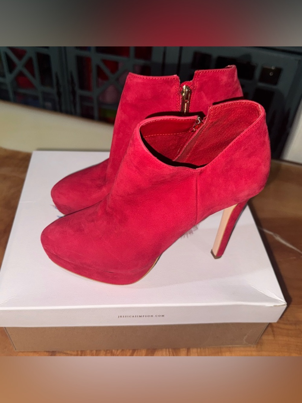 Jessica Simpson Crimson Red Suede High-Heel Ankle Booties
